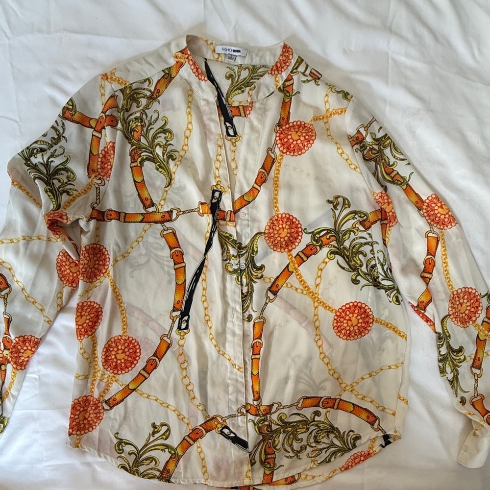 Fashion Nova Orange and Green Casual Button Down Shirt